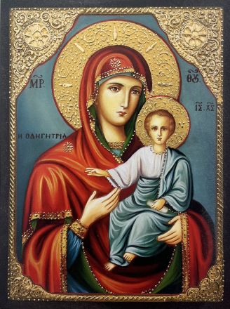 Икона на Света Богородица с Младенеца - Одигитрия - Пътеводителка с декупаж - Православна икона от Ikonata.bg