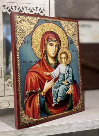 Икона на Света Богородица с Младенеца - Одигитрия - Пътеводителка с декупаж - Православна икона от Ikonata.bg