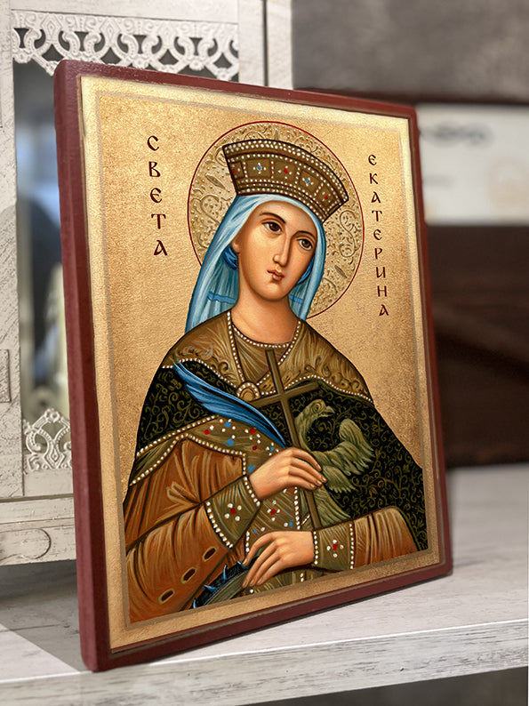 Икона на Света Екатерина с декупаж, ръчно изработена православна икона за подарък и дом
