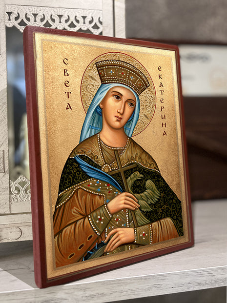 Икона на Света Екатерина с декупаж, ръчно изработена православна икона за подарък и дом