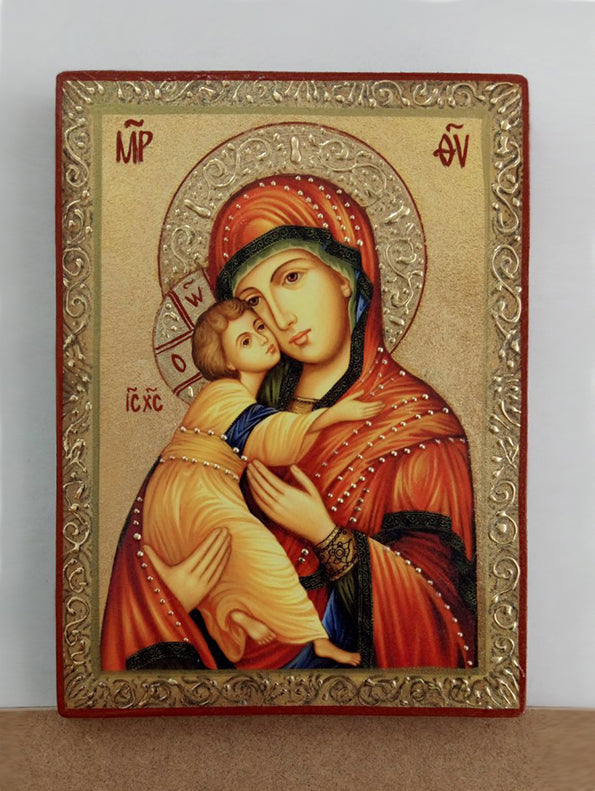 Икона на Св. Богородица Владимирска - декупаж, православна икона на Богородица с Младенеца за дом и подарък