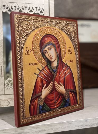 Чудотворна Икона на Света Богородица - Седмострелна с декупаж и златна рамка - Православна икона от Ikonata.bg