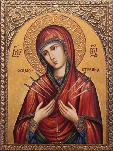 Чудотворна Икона на Света Богородица - Седмострелна с декупаж и златна рамка