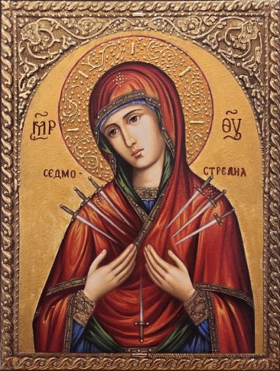 Чудотворна Икона на Света Богородица - Седмострелна с декупаж и златна рамка